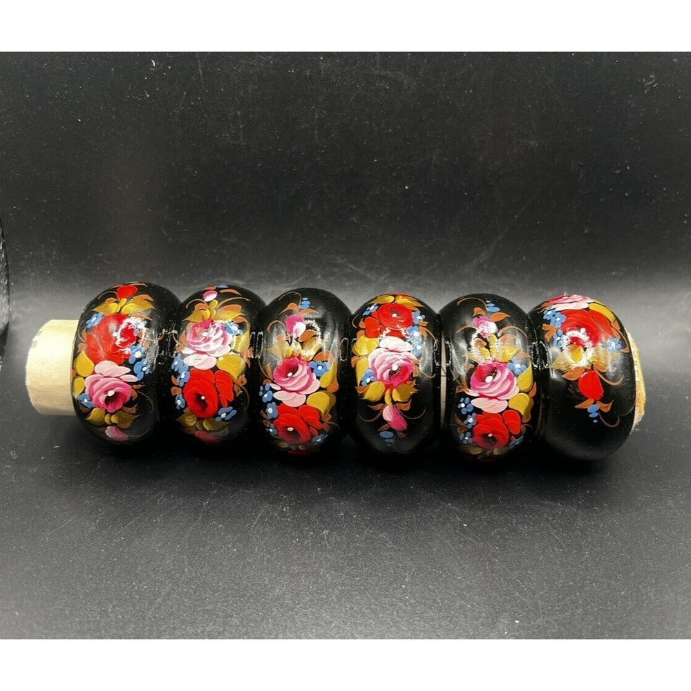Set of 6 Russian Hand-Painted Wooden Napkin Rings Black Lacquered Roses Flowers